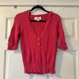 Y2K Hot Pink American Eagle V-Neck Hooded Henley Cable Knit Sweater Size Medium